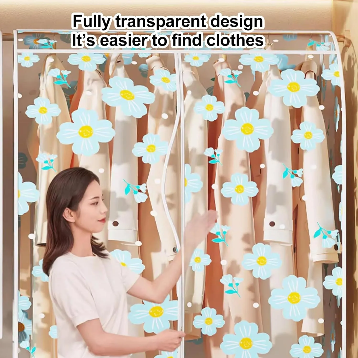 Clear Garment Bags, Printed Garment Covers with Zip, Clothes Cover for Hanging, Dustproof, Washable, for Dress, Suit, Coat(Blue,60x50x120cm)