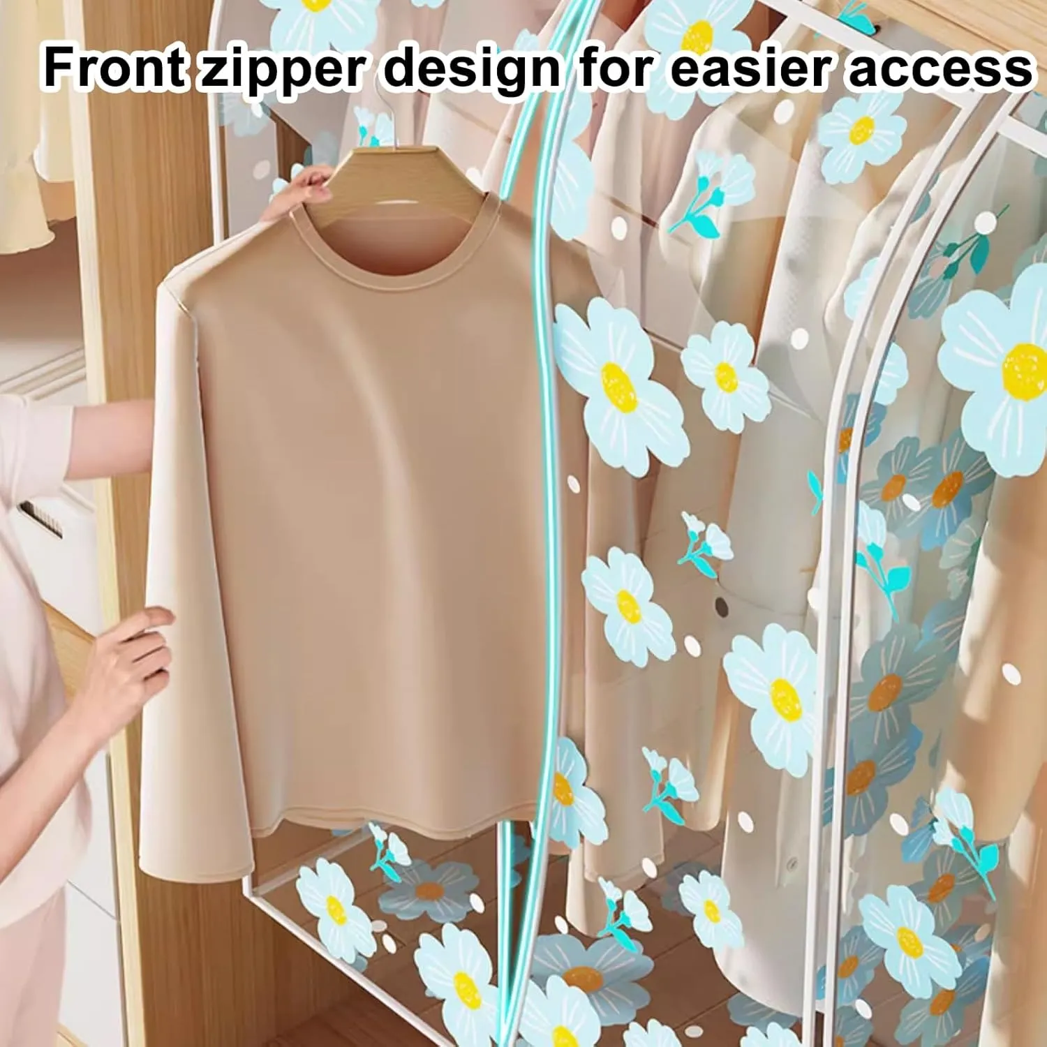 Clear Garment Bags, Printed Garment Covers with Zip, Clothes Cover for Hanging, Dustproof, Washable, for Dress, Suit, Coat(Blue,60x50x120cm)