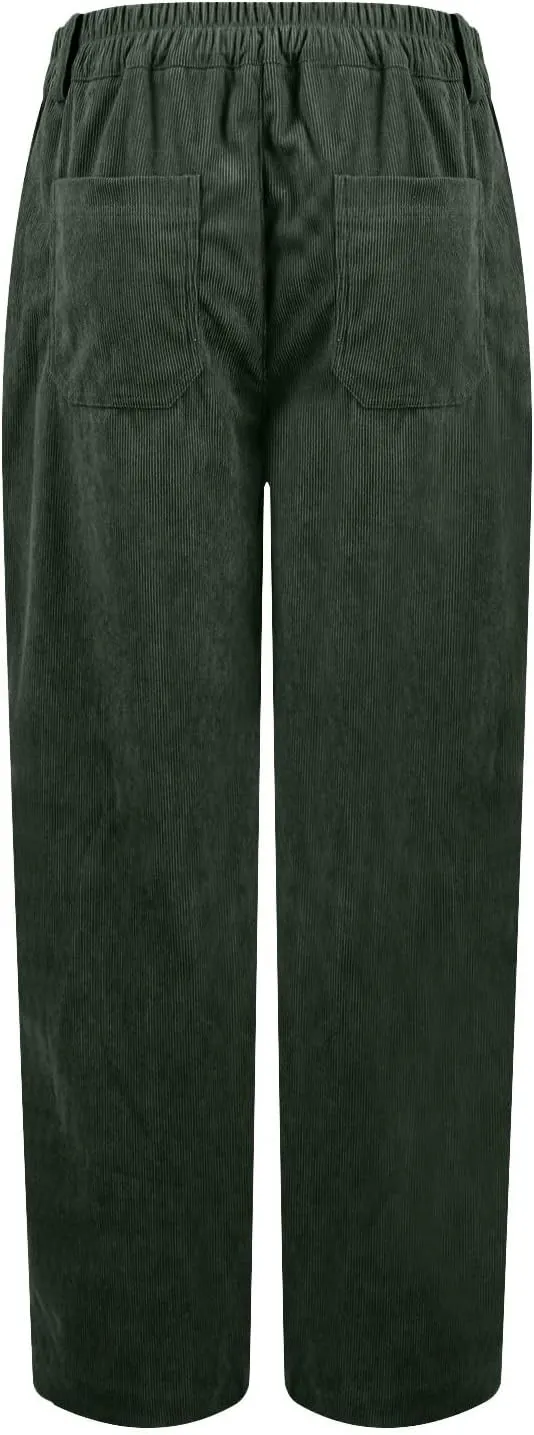Corduroy Pants Women Elastic High Waisted Straight Leg Work Pants Business Casual Loose Trousers Pants with Pockets