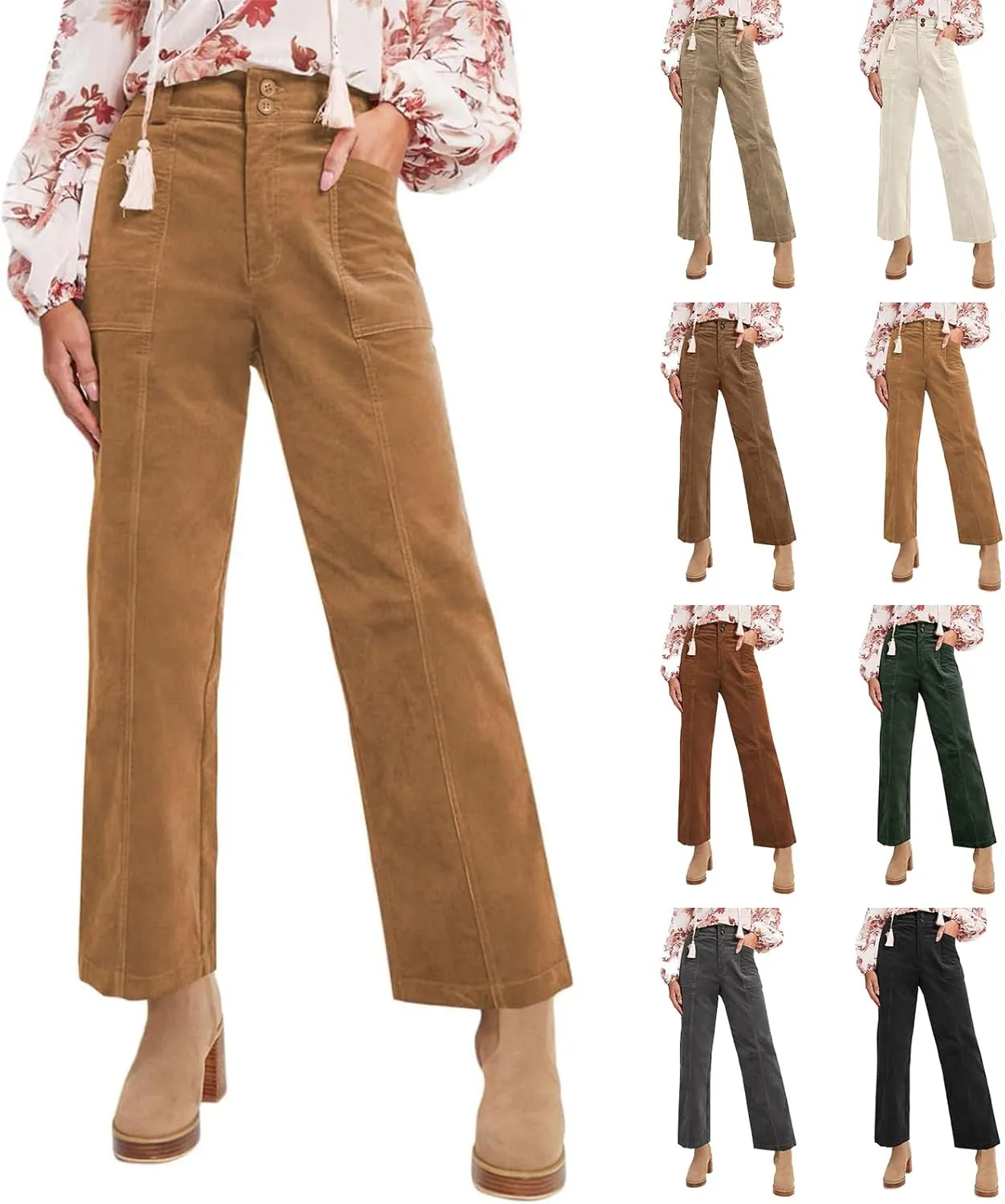 Corduroy Pants Women Elastic High Waisted Straight Leg Work Pants Business Casual Loose Trousers Pants with Pockets