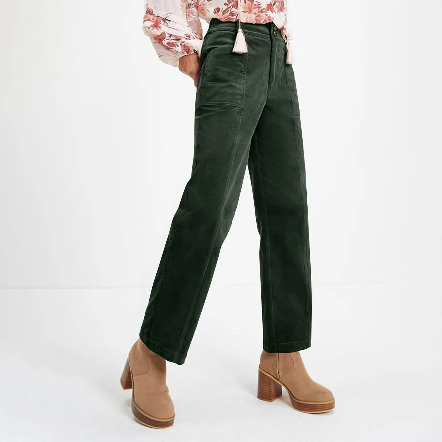 Corduroy Pants Women Elastic High Waisted Straight Leg Work Pants Business Casual Loose Trousers Pants with Pockets