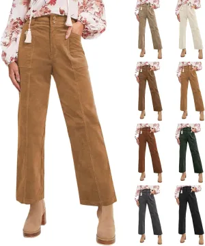 Corduroy Pants Women Elastic High Waisted Straight Leg Work Pants Business Casual Loose Trousers Pants with Pockets
