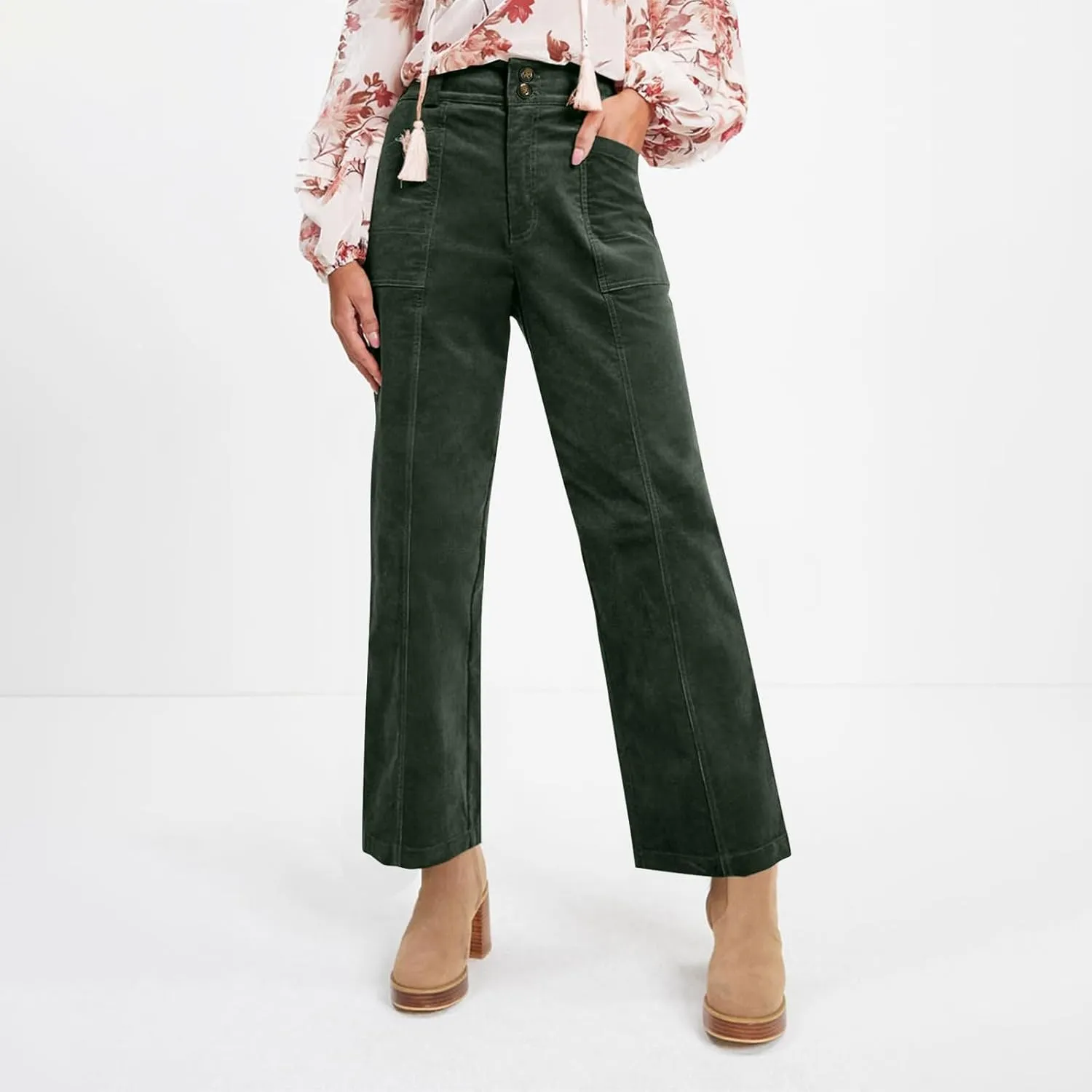Corduroy Pants Women Elastic High Waisted Straight Leg Work Pants Business Casual Loose Trousers Pants with Pockets
