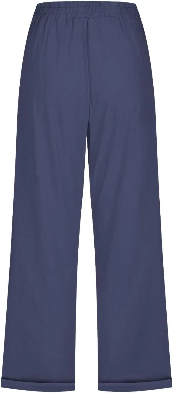Cotton Linen Capris Pants for Women Summer 2025 Straight Wide Leg Loose Drawstring Elastic Waist Cropped Trousers