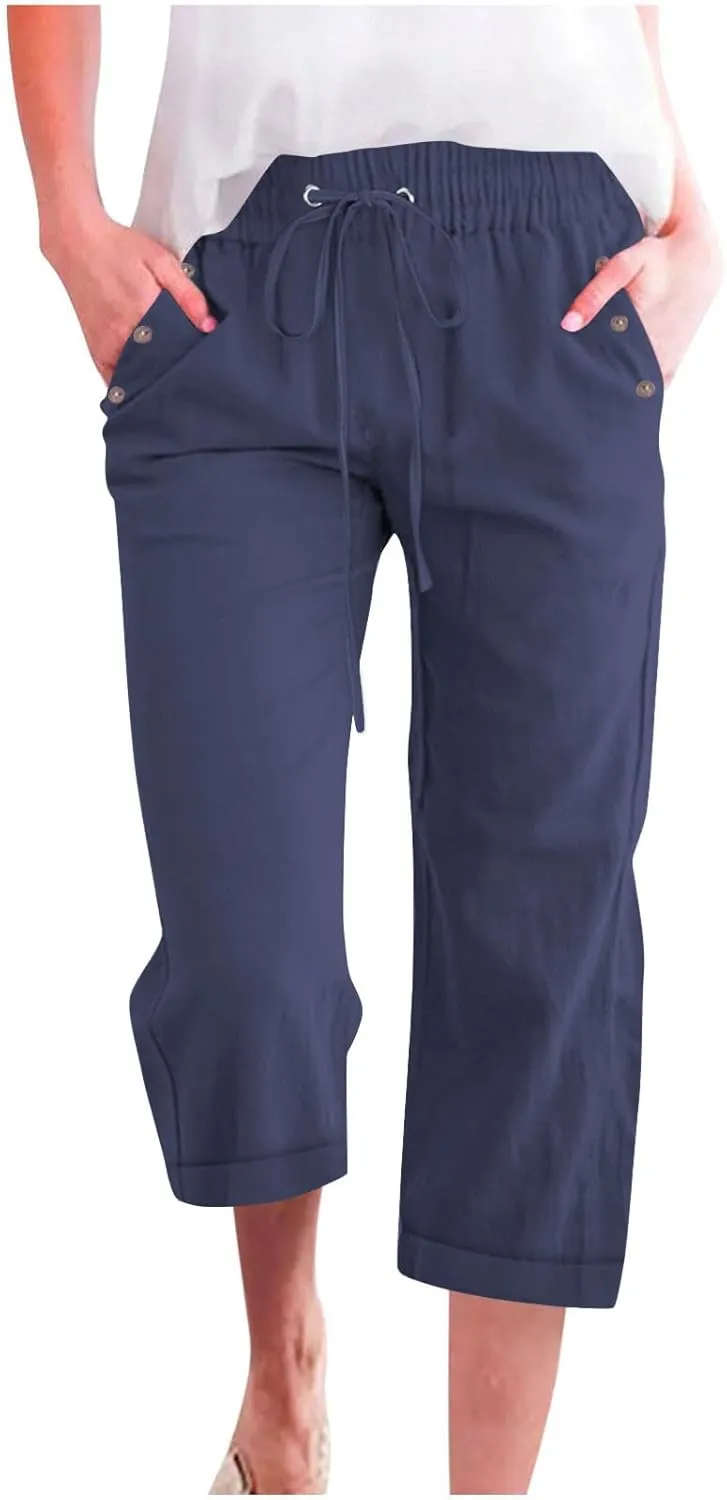 Cotton Linen Capris Pants for Women Summer 2025 Straight Wide Leg Loose Drawstring Elastic Waist Cropped Trousers
