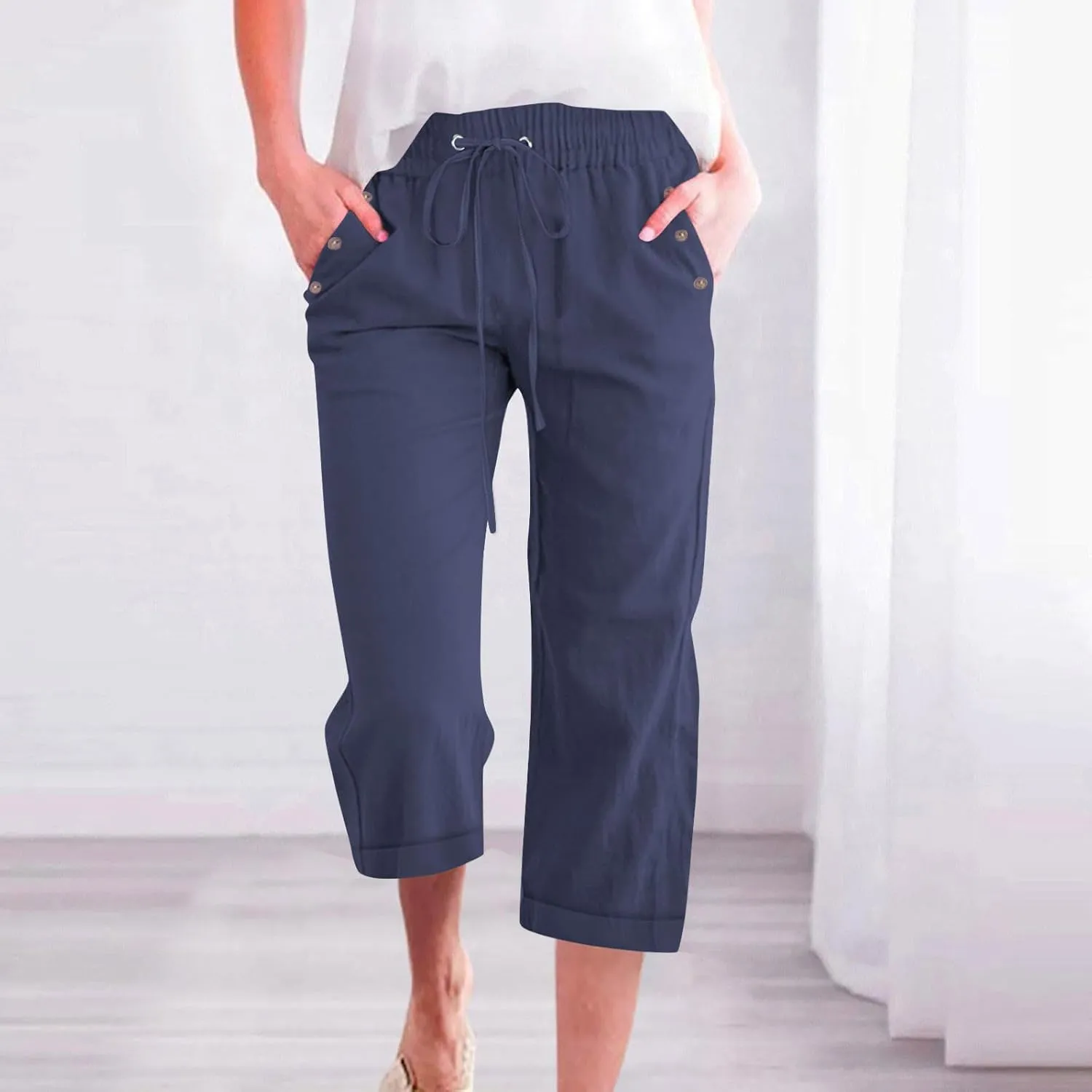 Cotton Linen Capris Pants for Women Summer 2025 Straight Wide Leg Loose Drawstring Elastic Waist Cropped Trousers