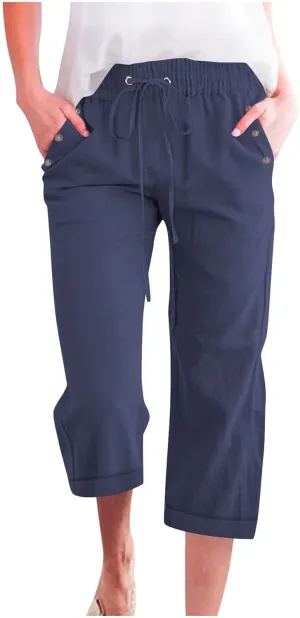 Cotton Linen Capris Pants for Women Summer 2025 Straight Wide Leg Loose Drawstring Elastic Waist Cropped Trousers