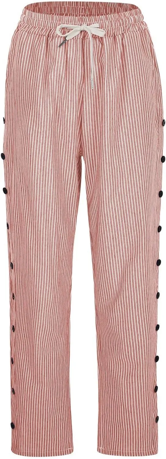 Cotton Linen Pants for Women Drawstring High Elastic Waist Trousers Summer Trendy Strip Buttoned Side Tapered Pants