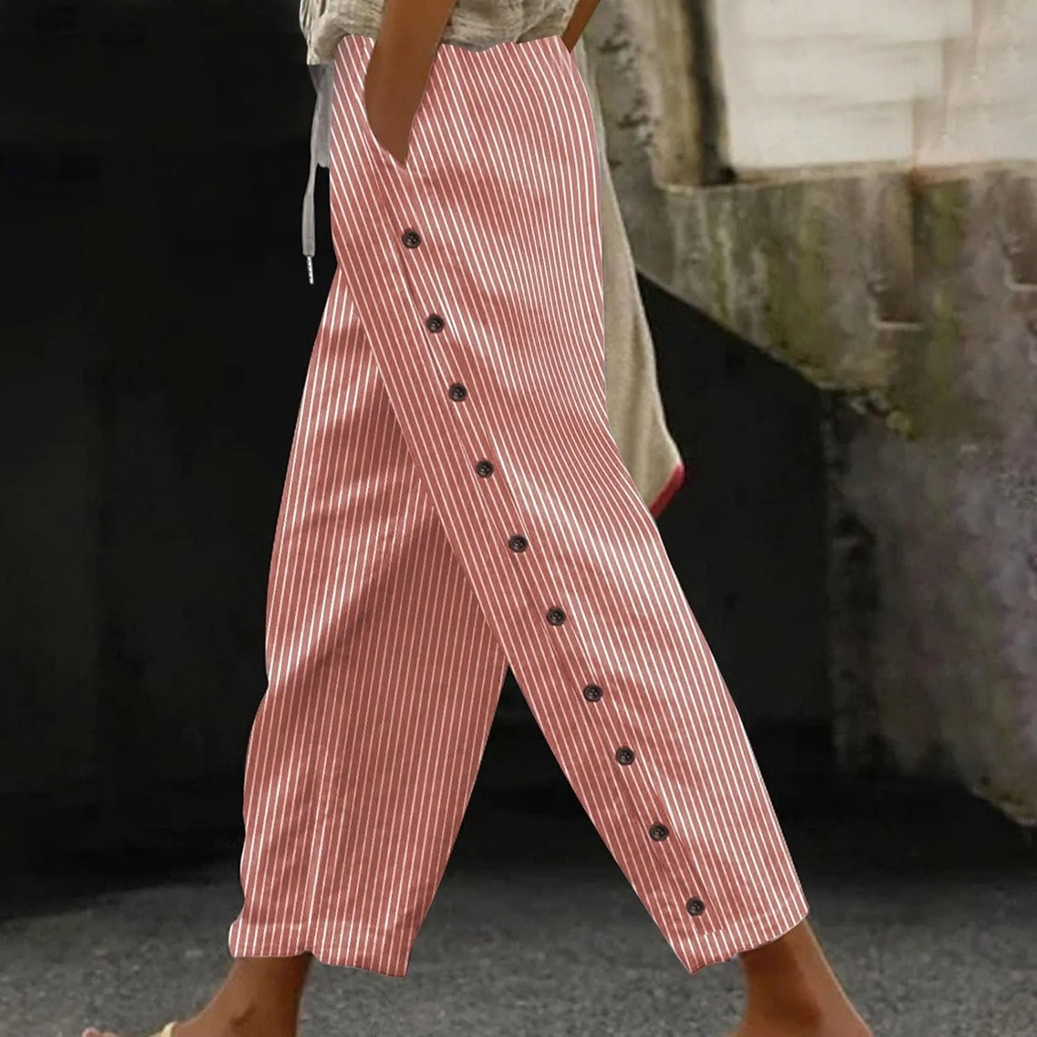 Cotton Linen Pants for Women Drawstring High Elastic Waist Trousers Summer Trendy Strip Buttoned Side Tapered Pants