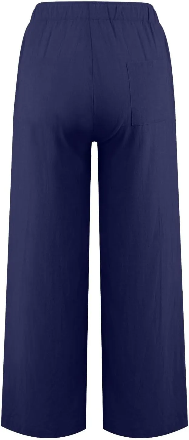 Cotton Linen Pants Women Summer Lightweight Boho Flowy Wide Leg Pants Casual Beach Drawstring Waist Palazzo Pants