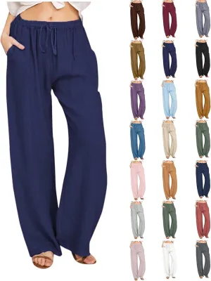 Cotton Linen Pants Women Summer Lightweight Boho Flowy Wide Leg Pants Casual Beach Drawstring Waist Palazzo Pants