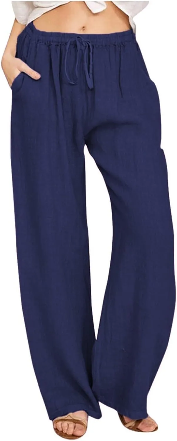 Cotton Linen Pants Women Summer Lightweight Boho Flowy Wide Leg Pants Casual Beach Drawstring Waist Palazzo Pants
