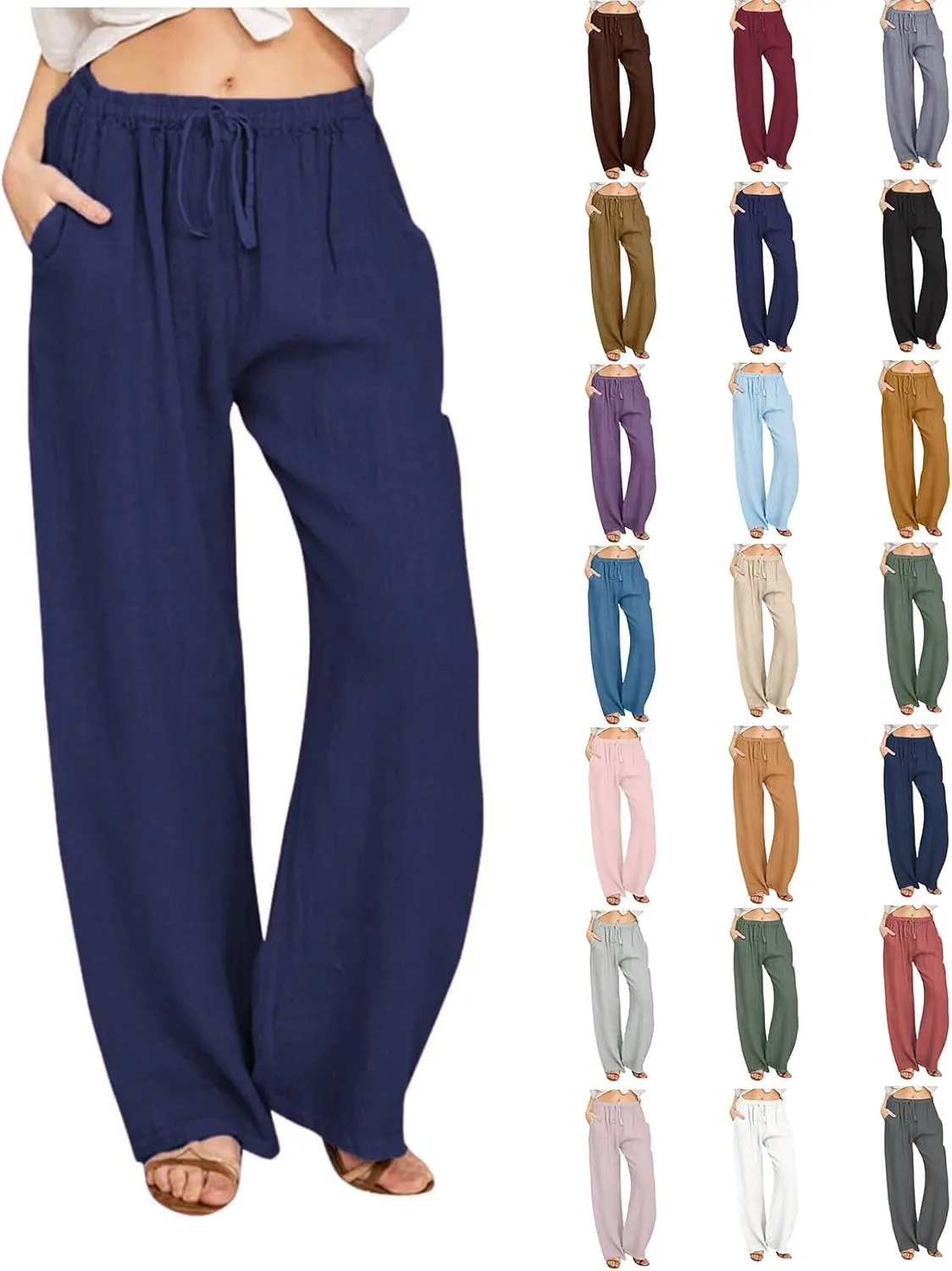 Cotton Linen Pants Women Summer Lightweight Boho Flowy Wide Leg Pants Casual Beach Drawstring Waist Palazzo Pants