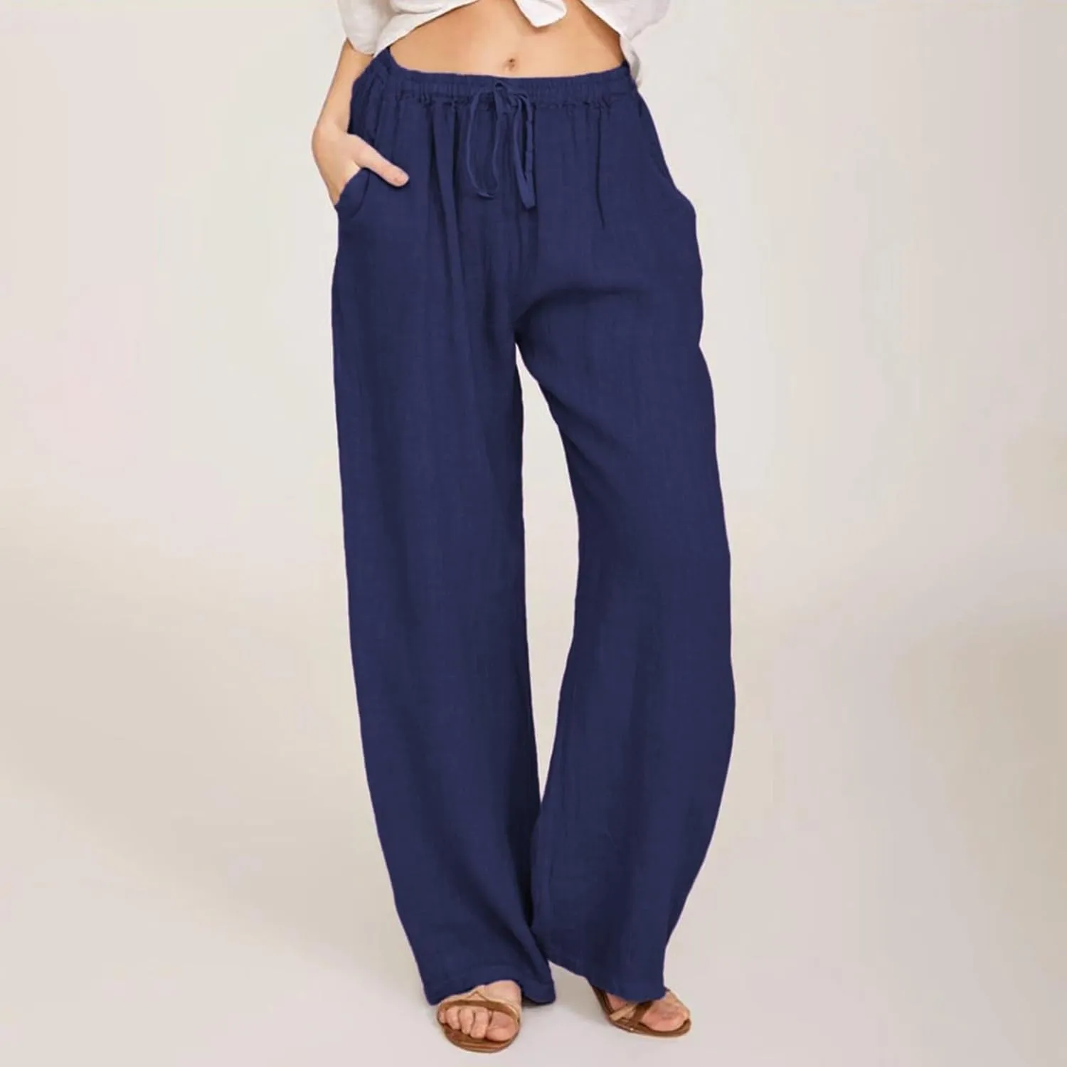 Cotton Linen Pants Women Summer Lightweight Boho Flowy Wide Leg Pants Casual Beach Drawstring Waist Palazzo Pants