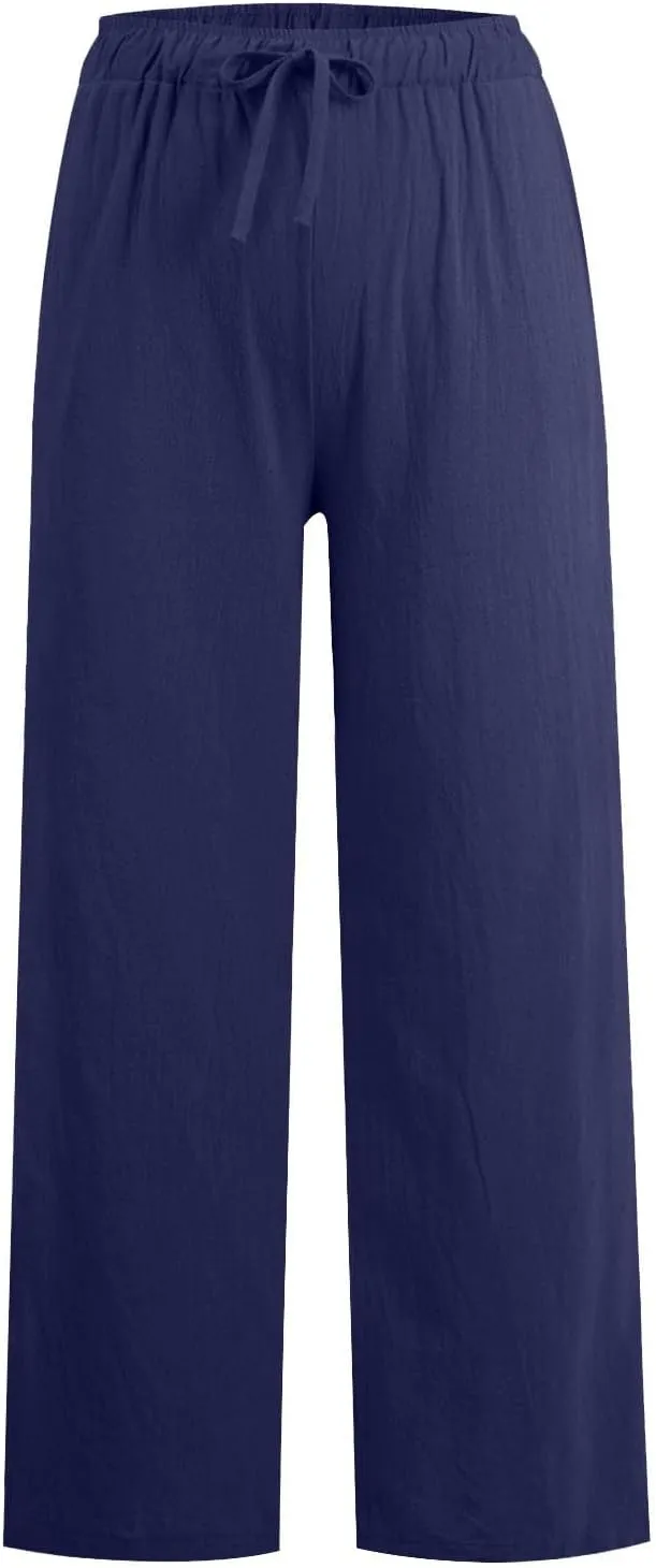 Cotton Linen Pants Women Summer Lightweight Boho Flowy Wide Leg Pants Casual Beach Drawstring Waist Palazzo Pants