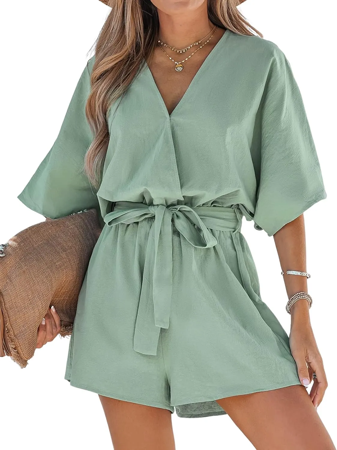 CUPSHE Women Short Dolman Sleeves Paisley Print Belted Romper Relaxed Fit Self-tie Boho Jumpsuits