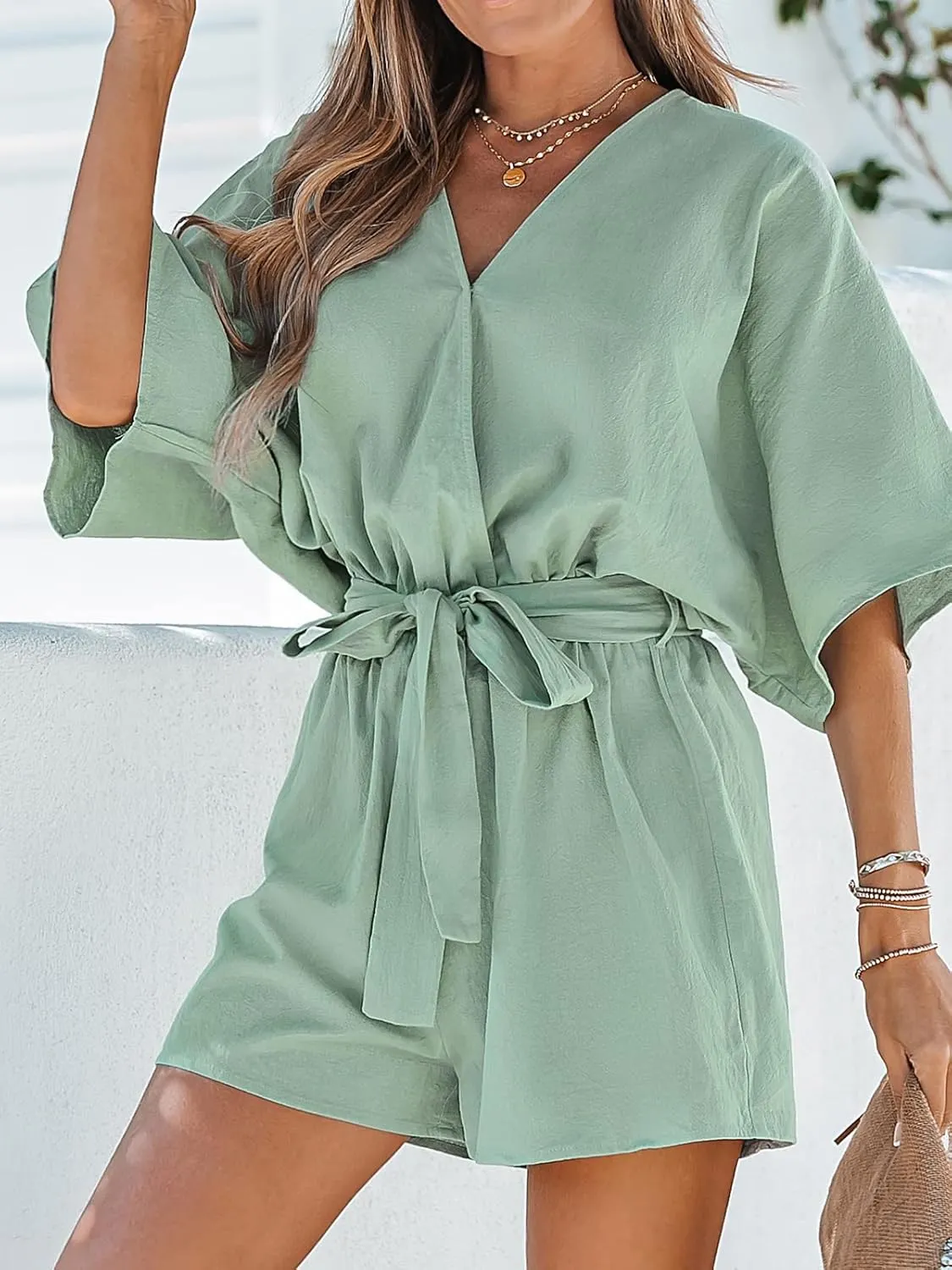 CUPSHE Women Short Dolman Sleeves Paisley Print Belted Romper Relaxed Fit Self-tie Boho Jumpsuits