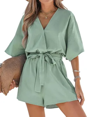 CUPSHE Women Short Dolman Sleeves Paisley Print Belted Romper Relaxed Fit Self-tie Boho Jumpsuits
