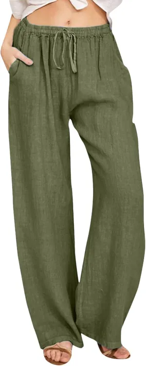 Cute Summer Pants For Women 2024 High Waist Business Pants Linen Wide Leg Sweatpants Palazzo Trouser with Pocket