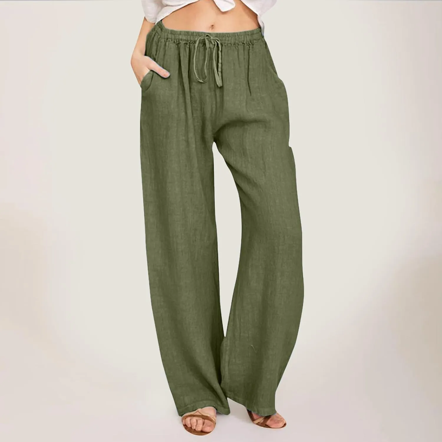 Cute Summer Pants For Women 2024 High Waist Business Pants Linen Wide Leg Sweatpants Palazzo Trouser with Pocket