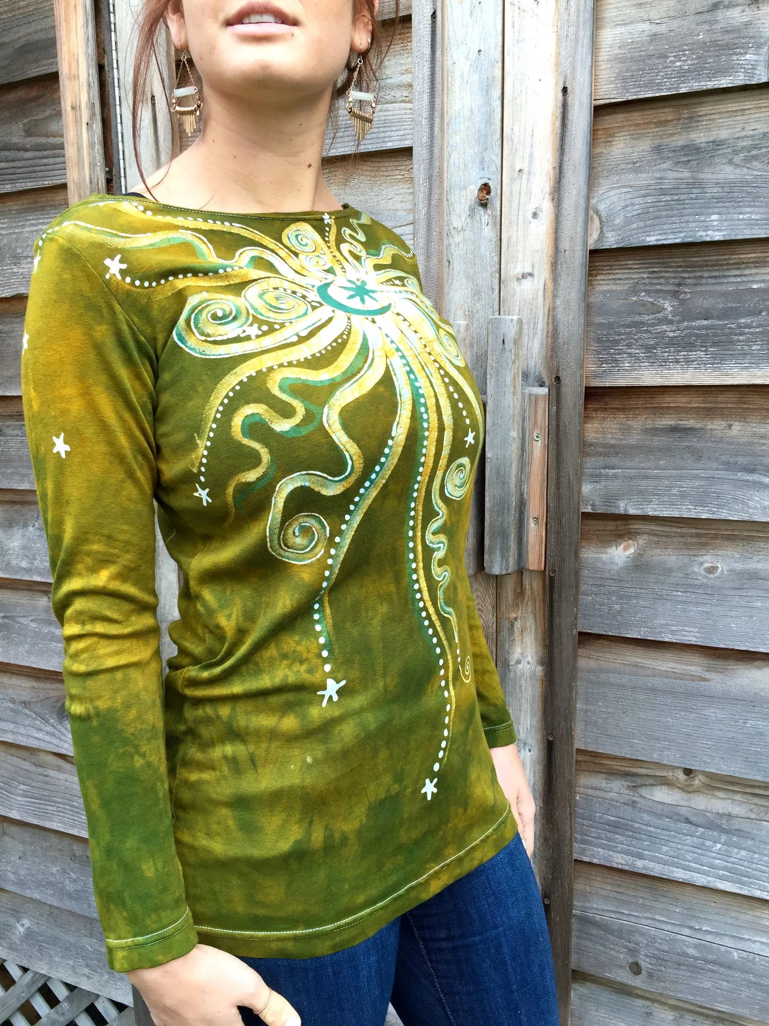 Dancing Green Moon Long Sleeve Batik Top