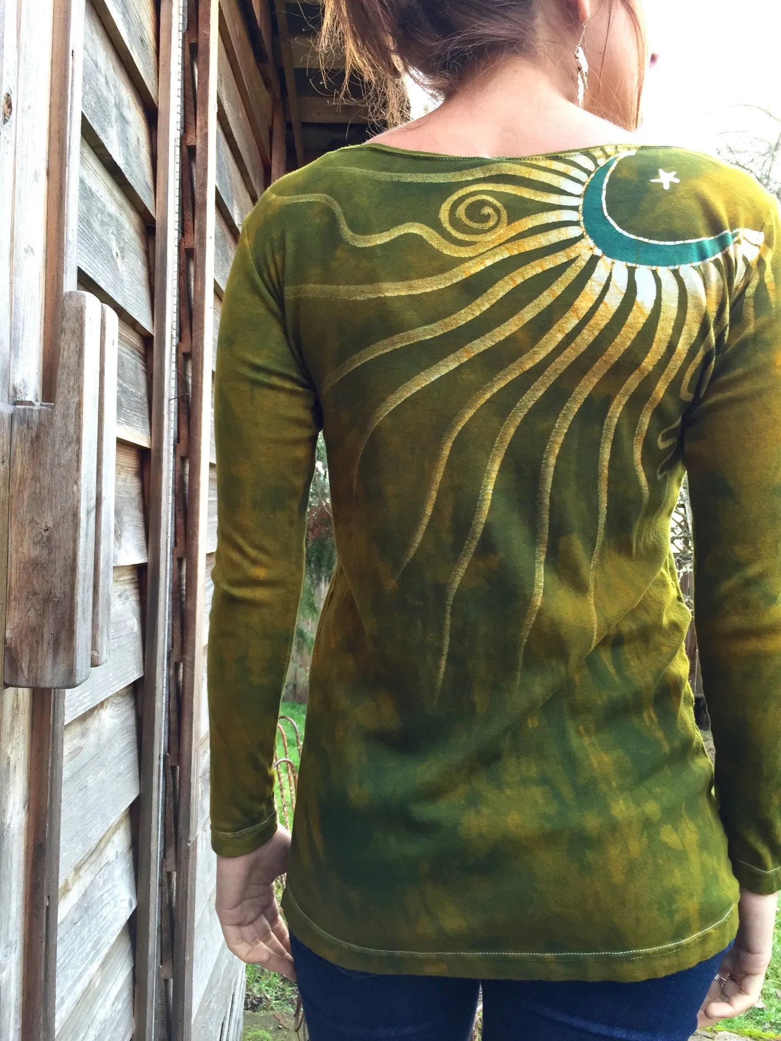 Dancing Green Moon Long Sleeve Batik Top