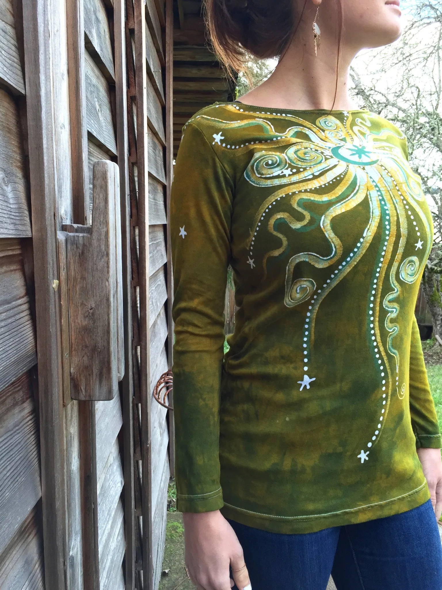 Dancing Green Moon Long Sleeve Batik Top