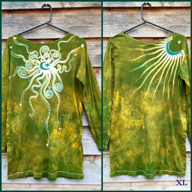 Dancing Green Moon Long Sleeve Batik Top