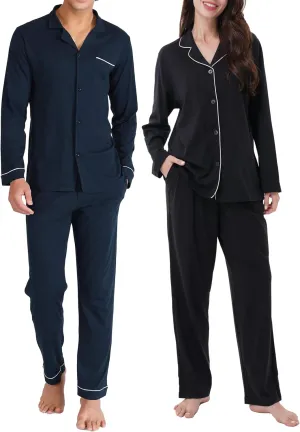 DAVID ARCHY 100% Cotton Pajamas Sets for Women & Men Couple Soft Button Down Nightwear Long Sleeve Sleepwear 2 Pieces Loungewear