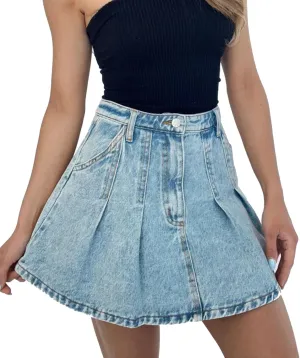 Denim Mini Skirt for Women Retro High Waisted A-Line Pleated Flared Ruffle Jean Short Skirt