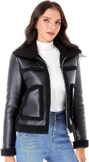 DIASHINY Women's Faux Shearing Fur Winter Coat Warm Thick Fur Lined Faux Leather Jacket