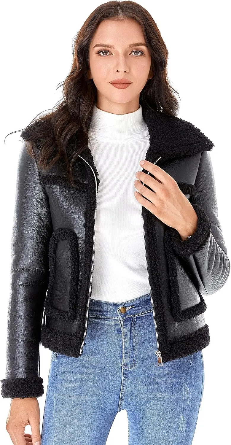 DIASHINY Women's Faux Shearing Fur Winter Coat Warm Thick Fur Lined Faux Leather Jacket