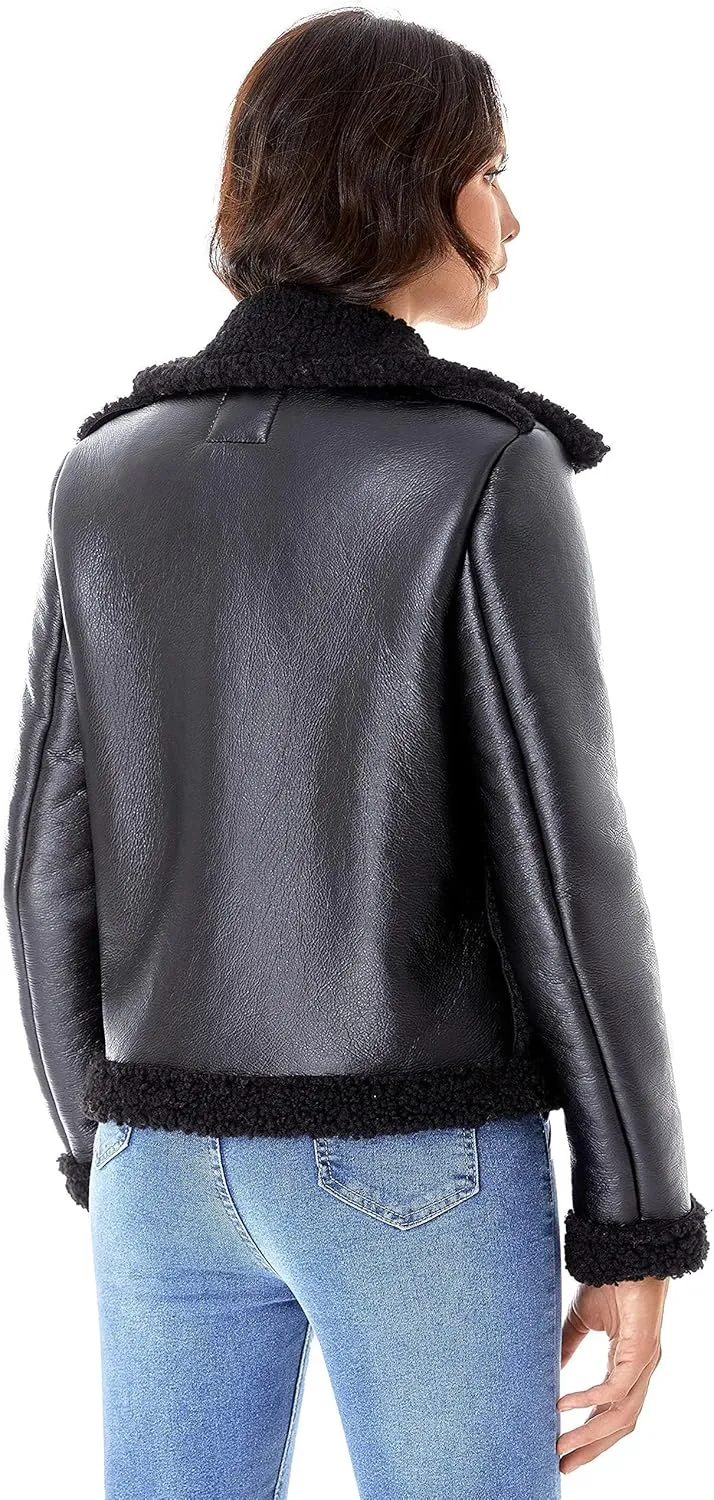 DIASHINY Women's Faux Shearing Fur Winter Coat Warm Thick Fur Lined Faux Leather Jacket