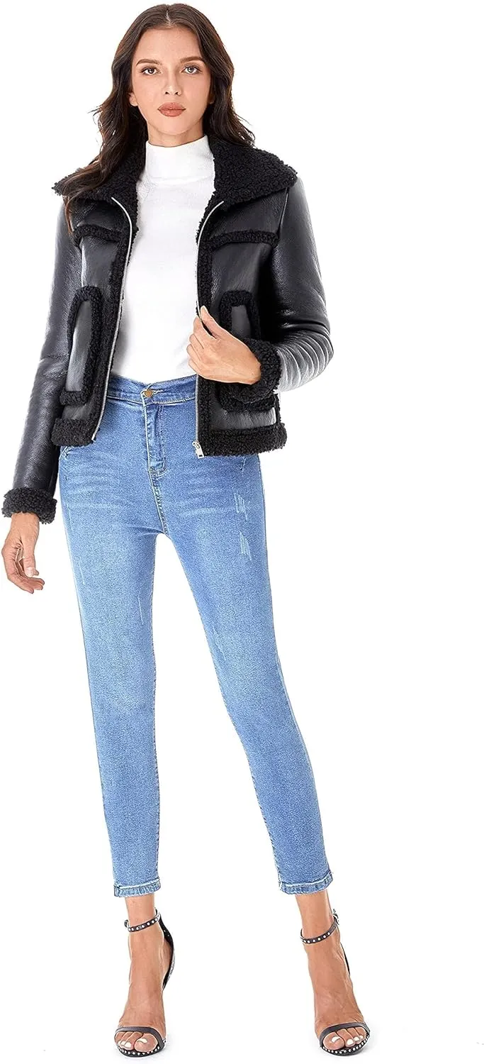 DIASHINY Women's Faux Shearing Fur Winter Coat Warm Thick Fur Lined Faux Leather Jacket