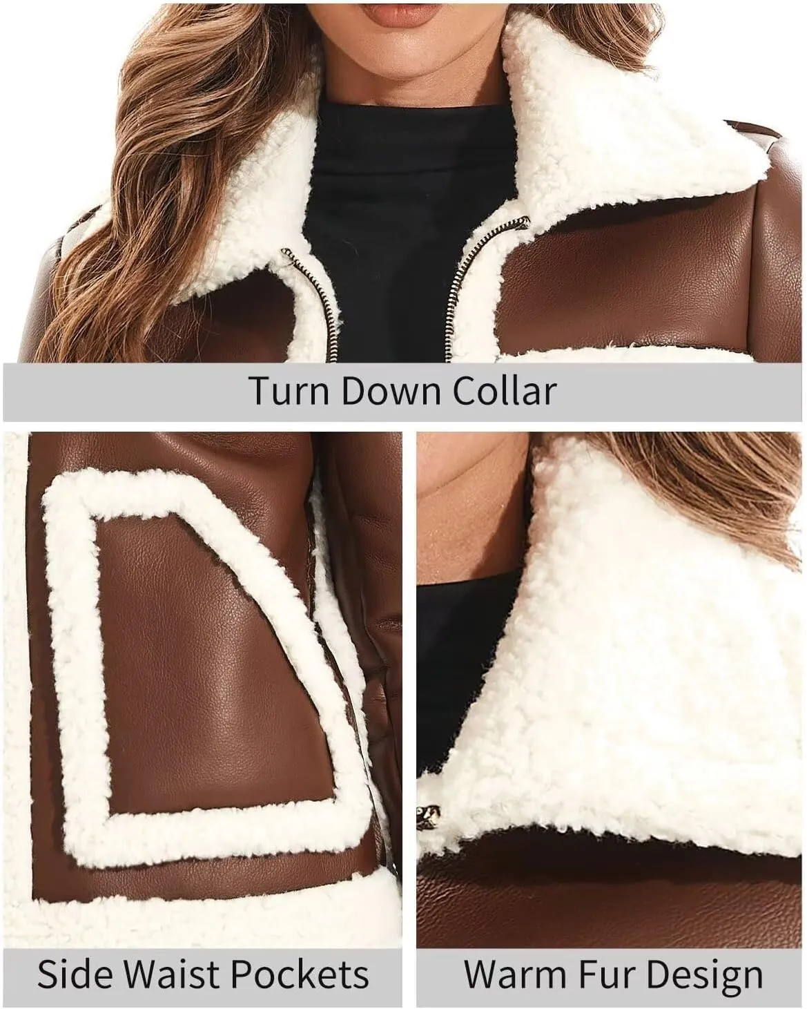 DIASHINY Women's Faux Shearing Fur Winter Coat Warm Thick Fur Lined Faux Leather Jacket