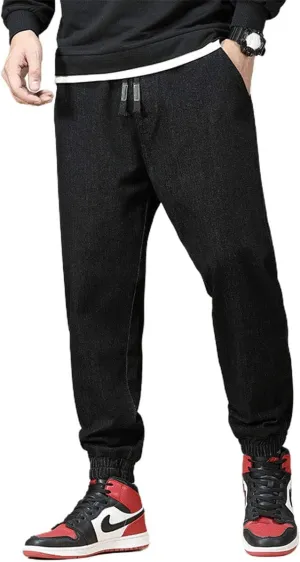 ebossy Men's Relaxed Fit Drawstring Hip Hop Washed Jogger Jeans Denim Harem Pants
