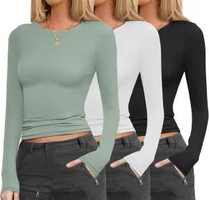 Ekouaer Womens 3 Pack Long Sleeve Shirts Fitted Tops Base Layering Tight Thermal Undershirts S-XXL