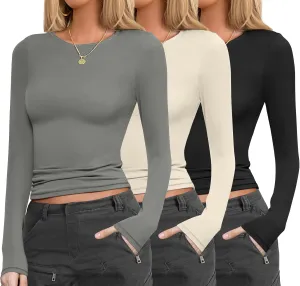 Ekouaer Womens 3 Pack Long Sleeve Shirts Fitted Tops Base Layering Tight Thermal Undershirts S-XXL