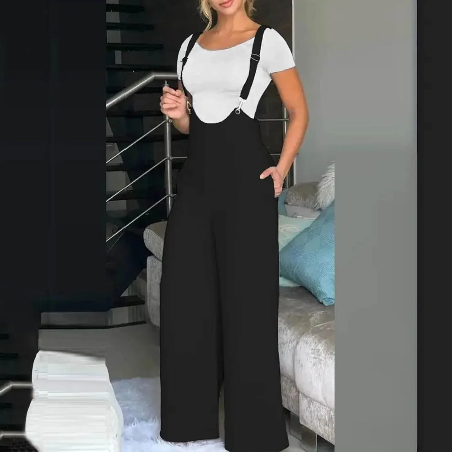 Elegant Business Suspender Overalls for Women Solid Loose Adjustable Strap High Waist Wide Leg Dress Pants Jumpsuits