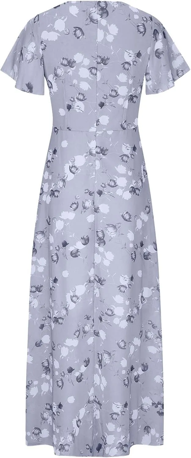 Elegant Dresses for Women 2024 Floral Print Ruffle Short Sleeve A-Line Dress Trendy V Neck High Waist Maxi Dress