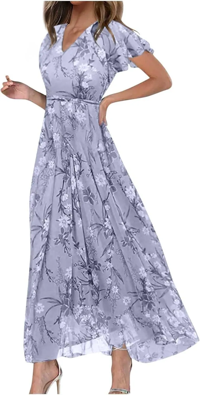 Elegant Dresses for Women 2024 Floral Print Ruffle Short Sleeve A-Line Dress Trendy V Neck High Waist Maxi Dress