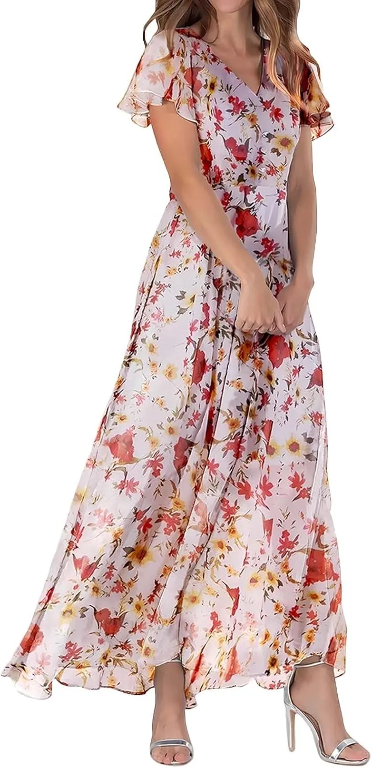 Elegant Dresses for Women 2024 Floral Print Ruffle Short Sleeve A-Line Dress Trendy V Neck High Waist Maxi Dress