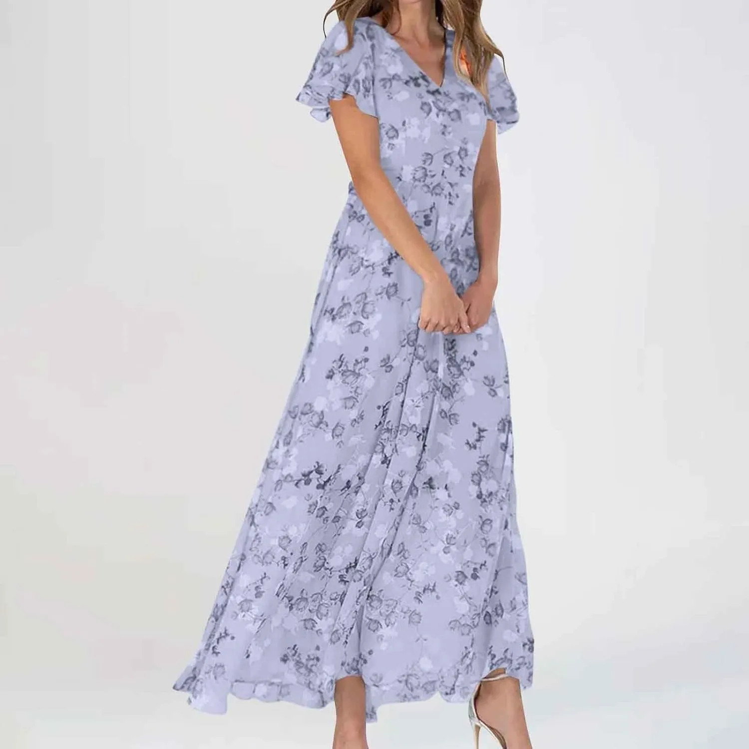Elegant Dresses for Women 2024 Floral Print Ruffle Short Sleeve A-Line Dress Trendy V Neck High Waist Maxi Dress