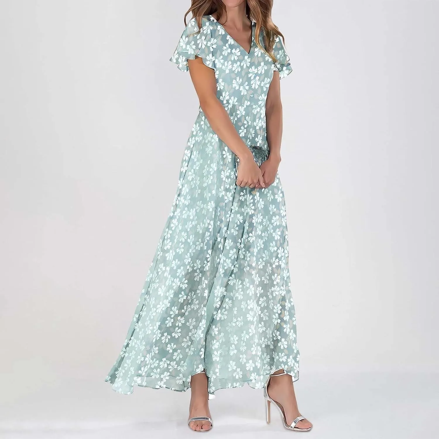 Elegant Dresses for Women 2024 Floral Print Ruffle Short Sleeve A-Line Dress Trendy V Neck High Waist Maxi Dress
