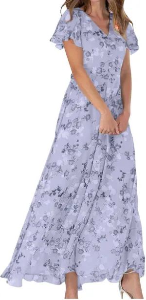 Elegant Dresses for Women 2024 Floral Print Ruffle Short Sleeve A-Line Dress Trendy V Neck High Waist Maxi Dress