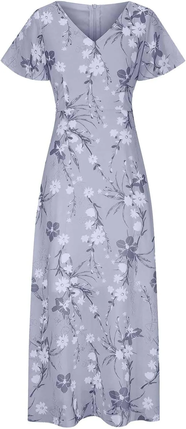 Elegant Dresses for Women 2024 Floral Print Ruffle Short Sleeve A-Line Dress Trendy V Neck High Waist Maxi Dress