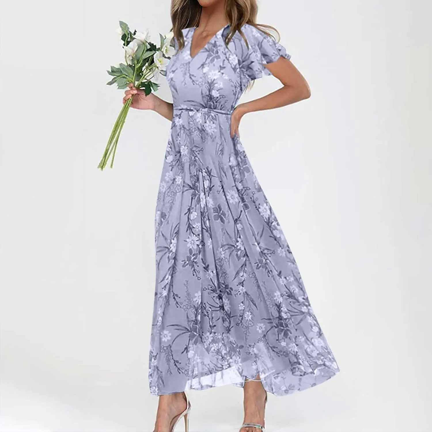 Elegant Dresses for Women 2024 Floral Print Ruffle Short Sleeve A-Line Dress Trendy V Neck High Waist Maxi Dress
