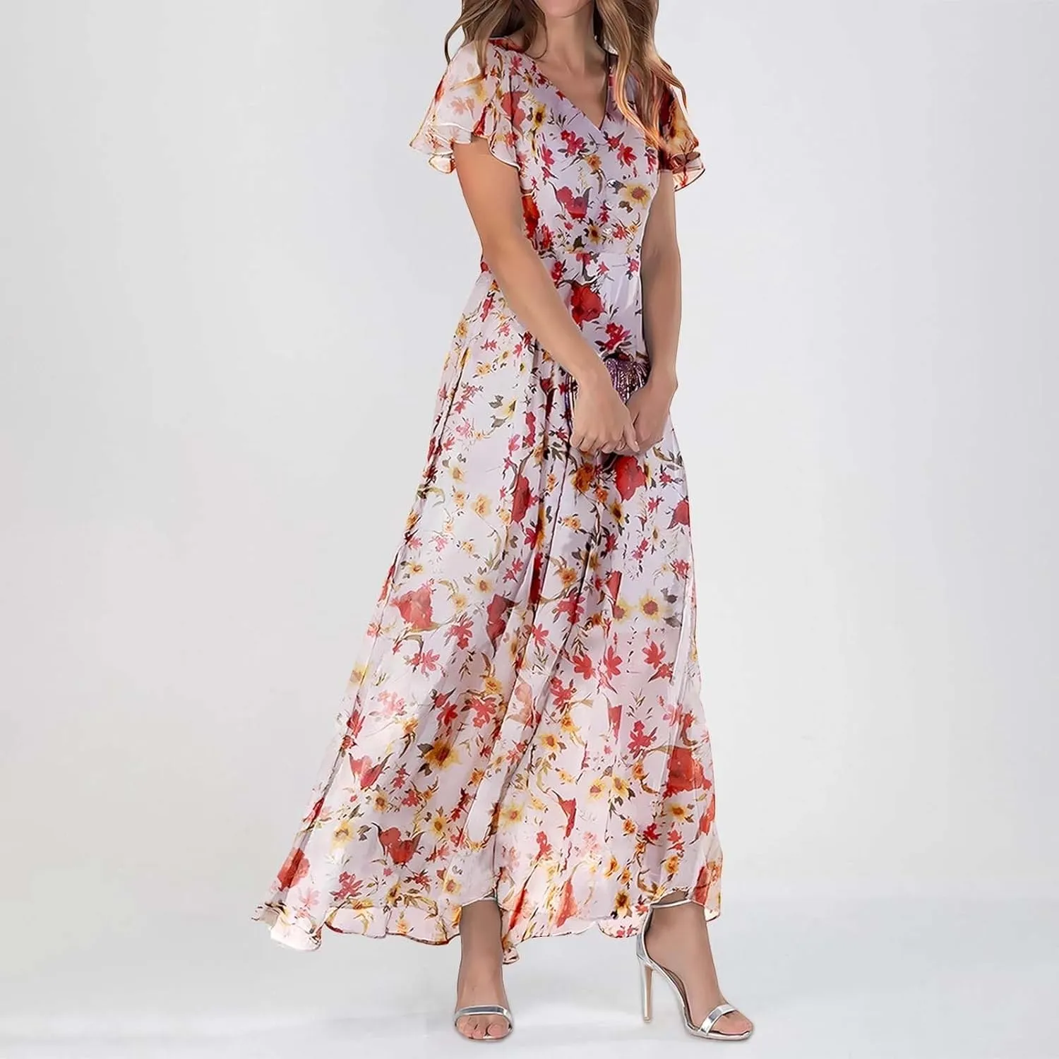 Elegant Dresses for Women 2024 Floral Print Ruffle Short Sleeve A-Line Dress Trendy V Neck High Waist Maxi Dress