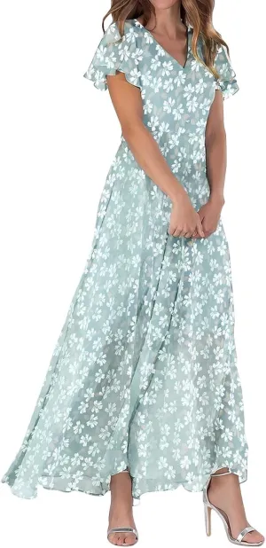 Elegant Dresses for Women 2024 Floral Print Ruffle Short Sleeve A-Line Dress Trendy V Neck High Waist Maxi Dress