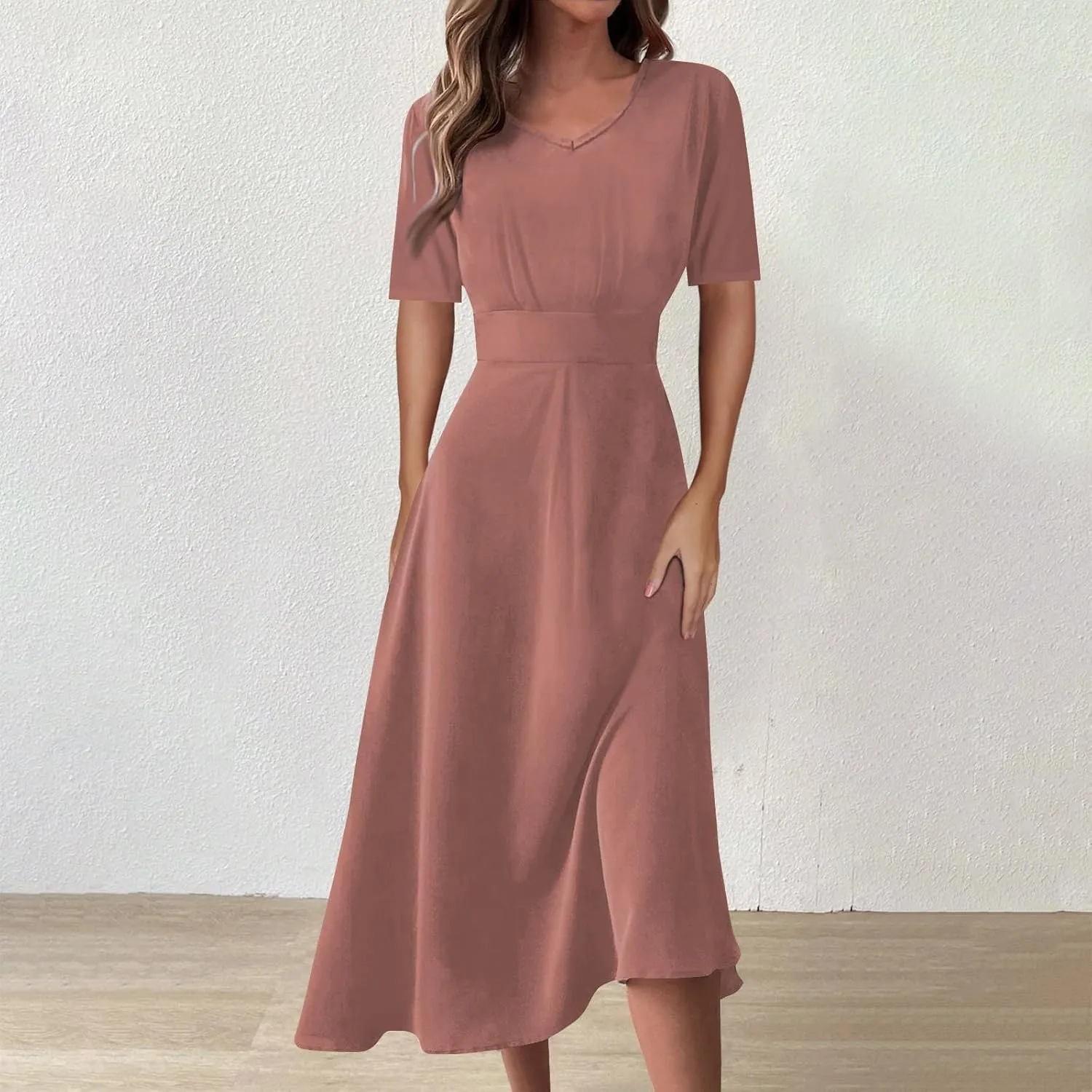 Elegant Formal Short Sleeve Midi Dress Trendy Sexy V Neck Ruched Flowy Party Dress Casual Swing Floral A Line Dress